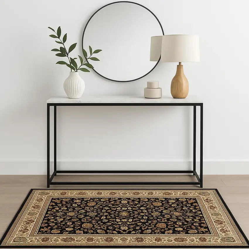 Black And Ivory Oriental Power Loom Stain Resistant Area Rug Photo 1