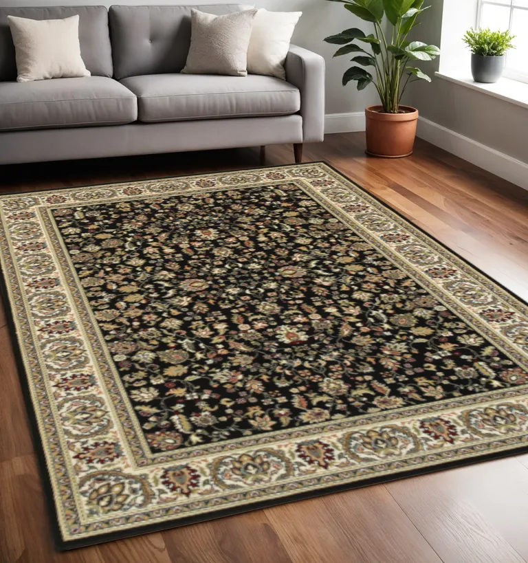 Black And Ivory Oriental Power Loom Stain Resistant Area Rug Photo 5