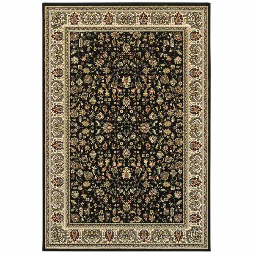 Black And Ivory Oriental Power Loom Stain Resistant Area Rug Photo 1