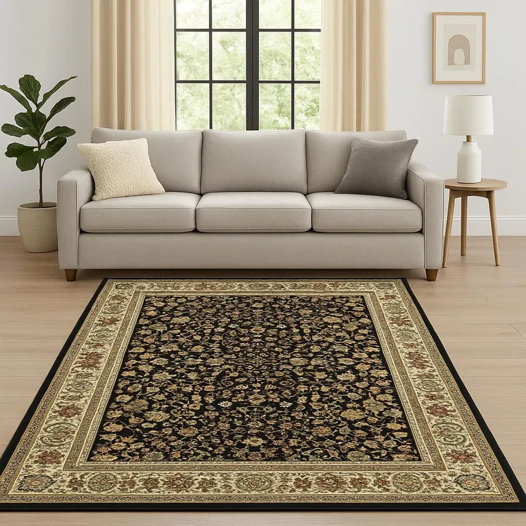 Black And Ivory Oriental Power Loom Stain Resistant Area Rug Photo 5