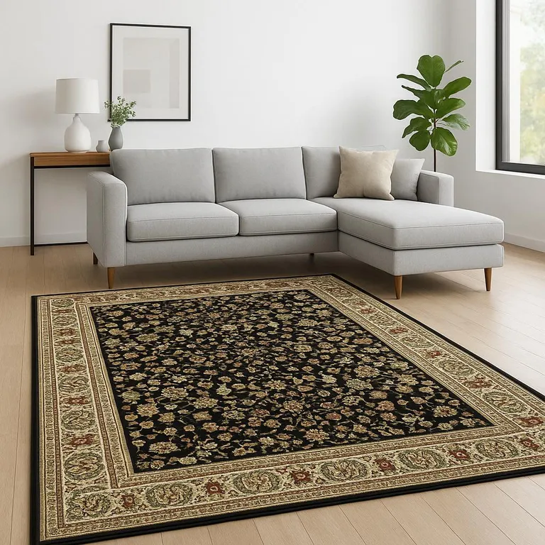 Black And Ivory Oriental Power Loom Stain Resistant Area Rug Photo 5