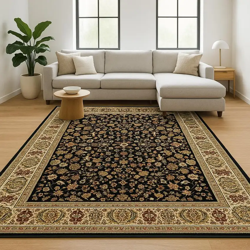 Black And Ivory Oriental Power Loom Stain Resistant Area Rug Photo 2