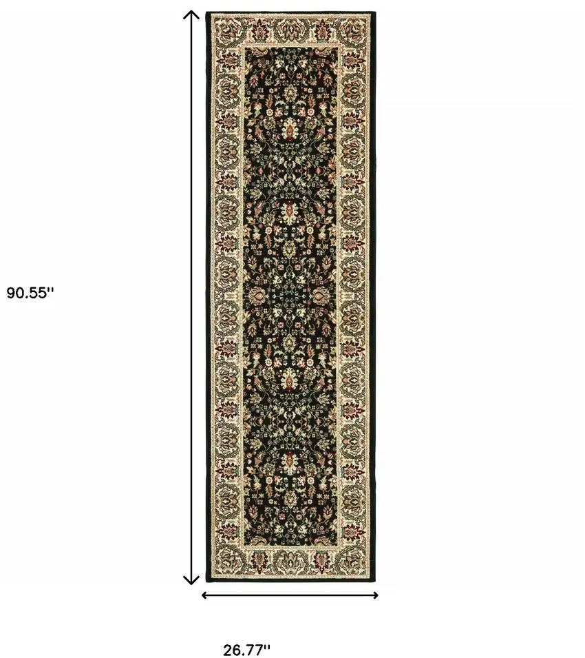 Black And Ivory Oriental Power Loom Stain Resistant Runner Rug Photo 4