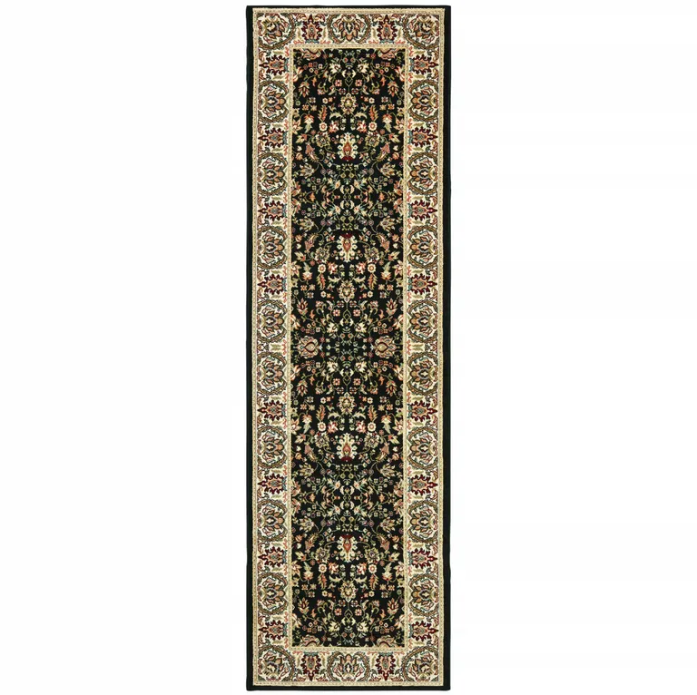Black And Ivory Oriental Power Loom Stain Resistant Runner Rug Photo 2