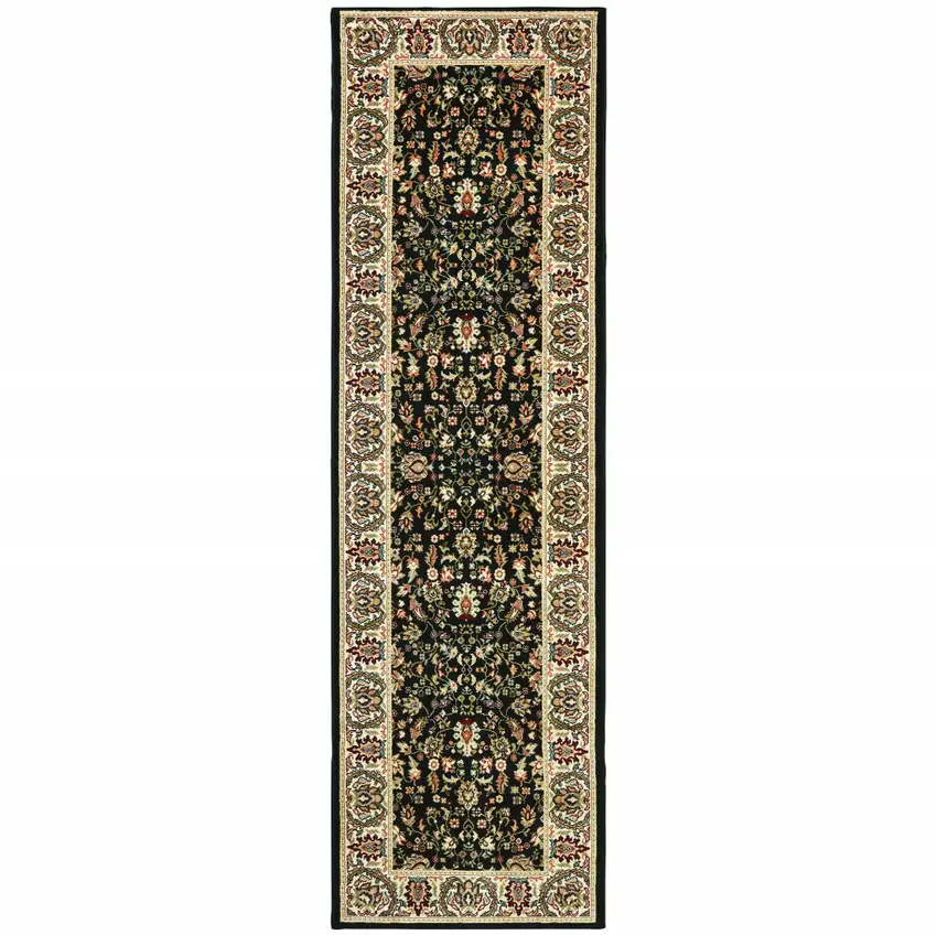 Black And Ivory Oriental Power Loom Stain Resistant Runner Rug Photo 1