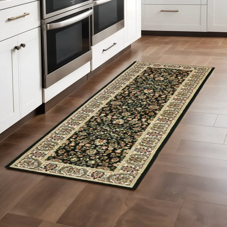 Black And Ivory Oriental Power Loom Stain Resistant Runner Rug Photo 1