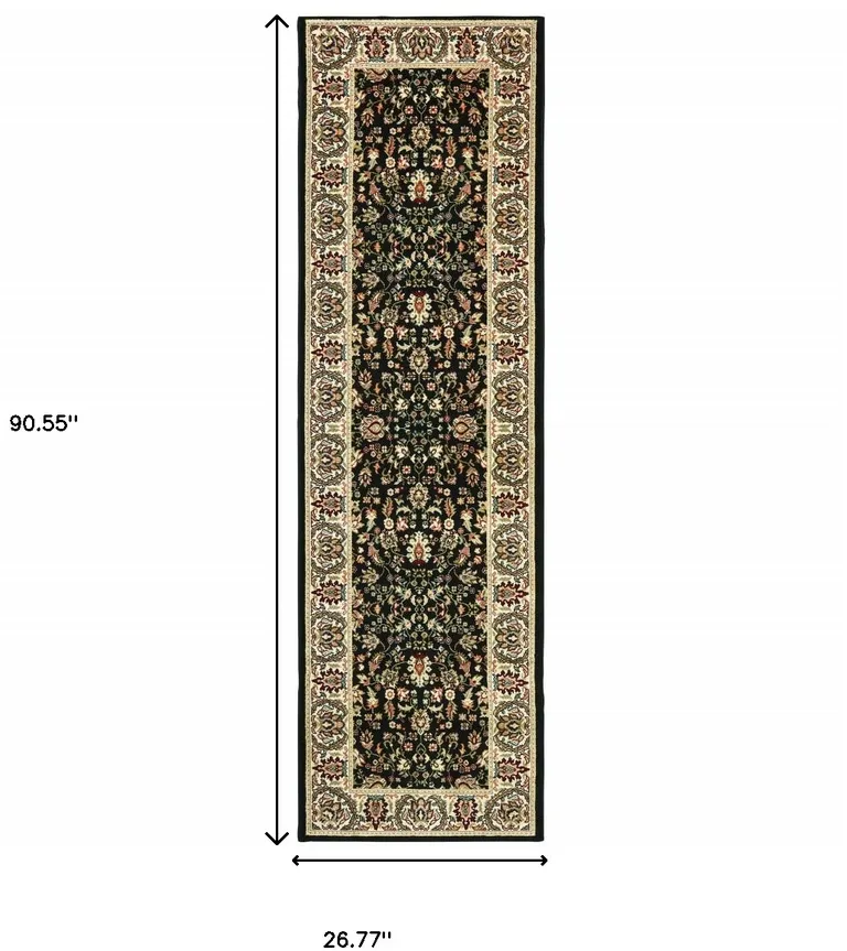 Black And Ivory Oriental Power Loom Stain Resistant Runner Rug Photo 3