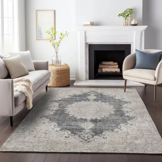 Black And Ivory Oriental Washable Indoor Outdoor Area Rug Photo 8