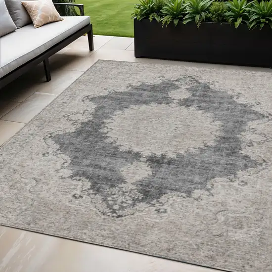 Black And Ivory Oriental Washable Indoor Outdoor Area Rug Photo 1