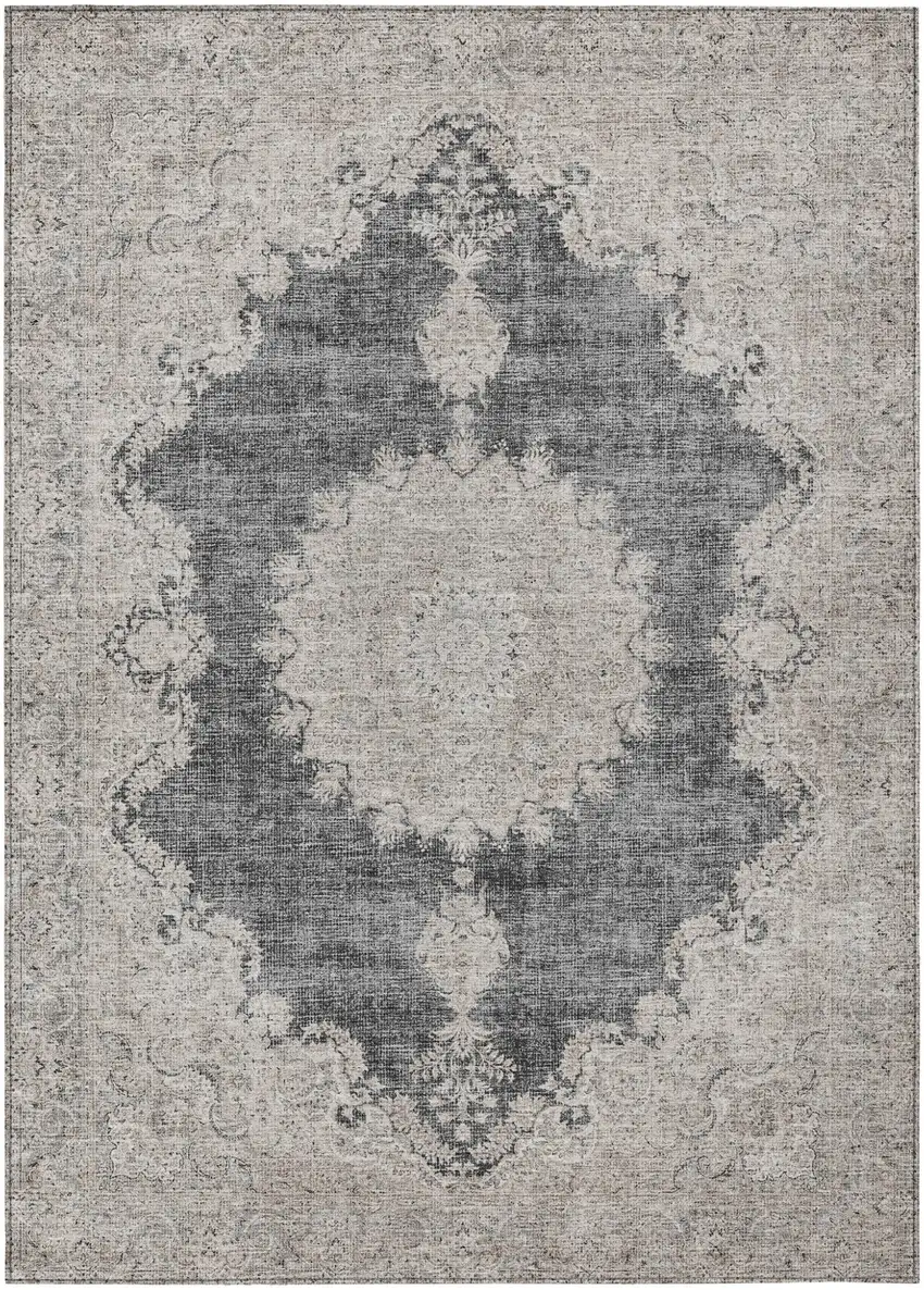 Black And Ivory Oriental Washable Indoor Outdoor Area Rug Photo 2