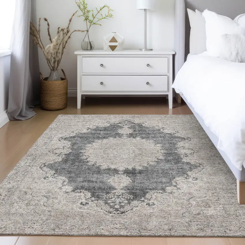 Black And Ivory Oriental Washable Indoor Outdoor Area Rug Photo 9