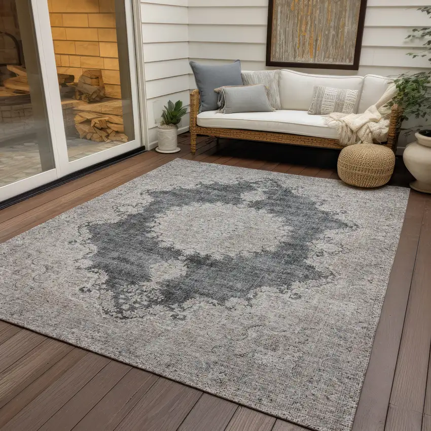 Black And Ivory Oriental Washable Indoor Outdoor Area Rug Photo 7