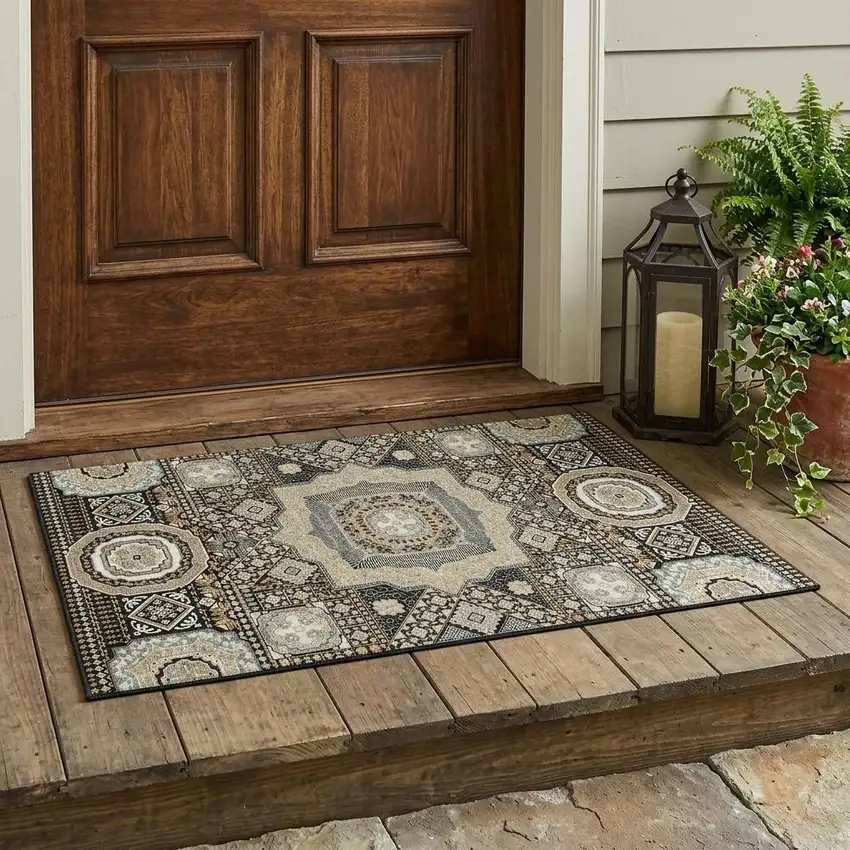 Black And Ivory Oriental Washable Indoor Outdoor Area Rug Photo 1