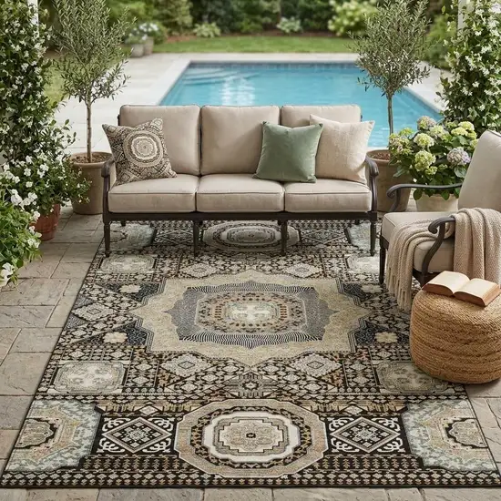 Black And Ivory Oriental Washable Indoor Outdoor Area Rug Photo 1