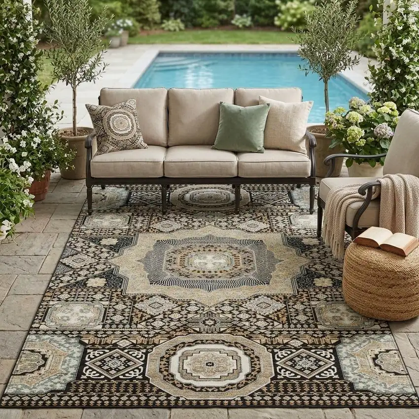 Black And Ivory Oriental Washable Indoor Outdoor Area Rug Photo 1