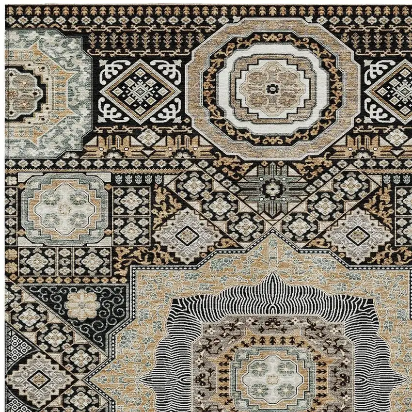 Black And Ivory Oriental Washable Indoor Outdoor Area Rug Photo 3