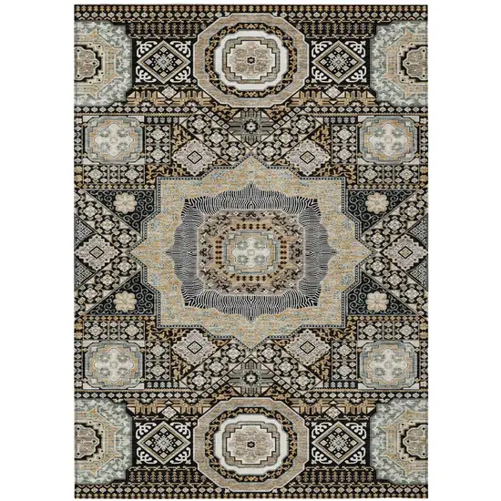 Black And Ivory Oriental Washable Indoor Outdoor Area Rug Photo 2