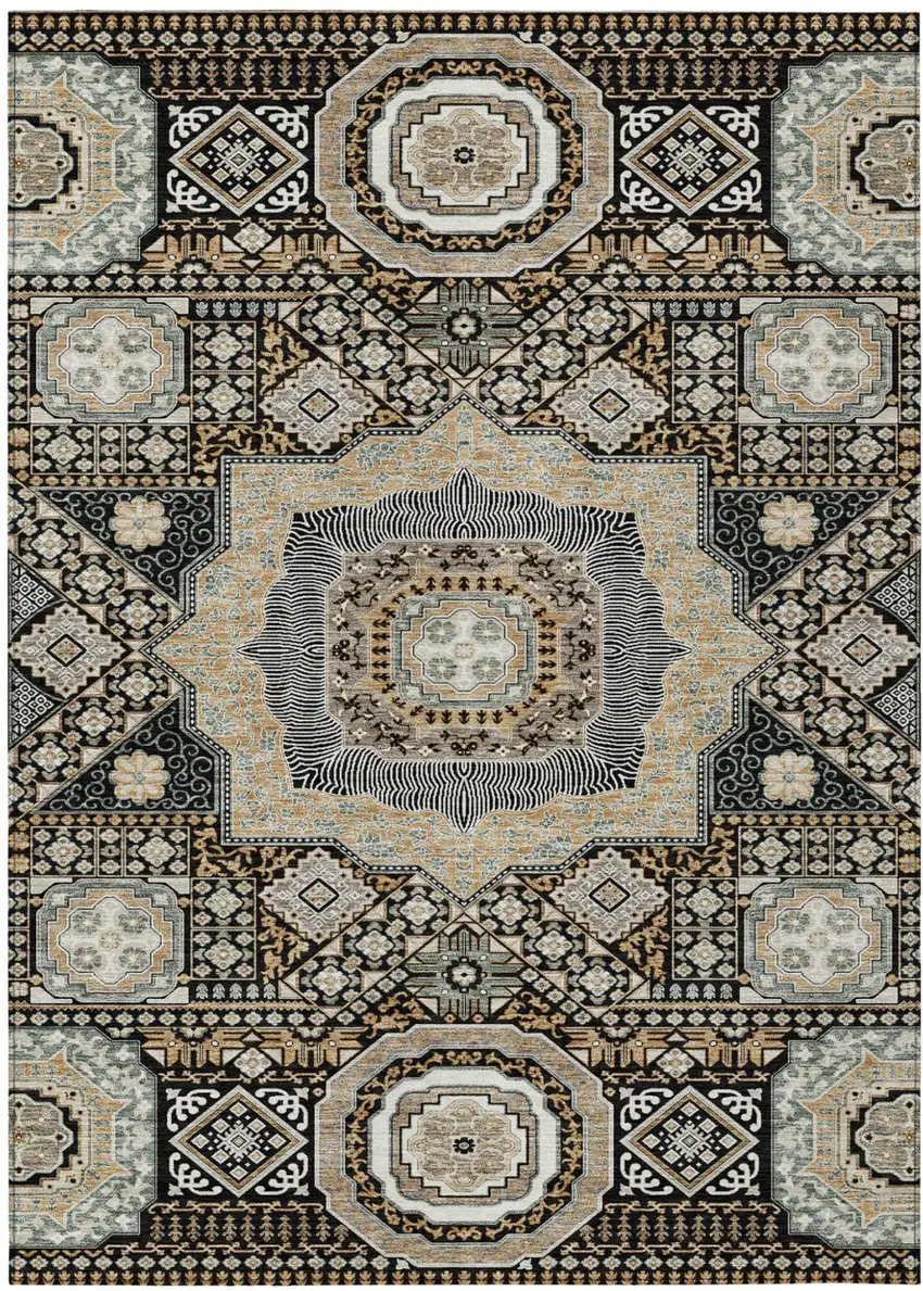 Black And Ivory Oriental Washable Indoor Outdoor Area Rug Photo 2