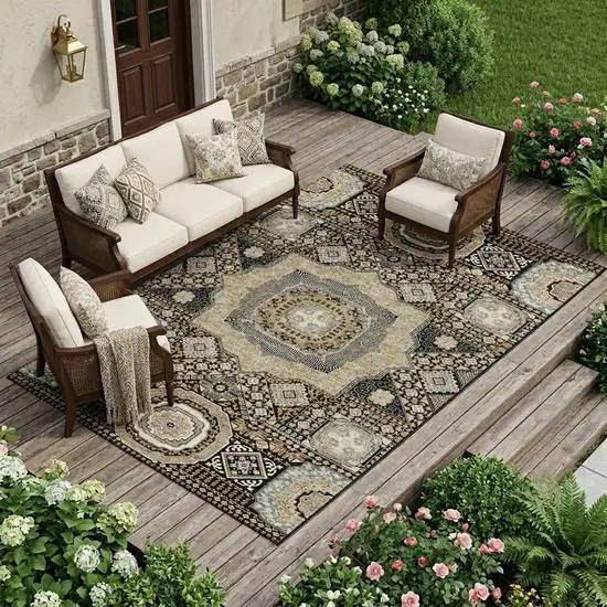 Black And Ivory Oriental Washable Indoor Outdoor Area Rug Photo 1