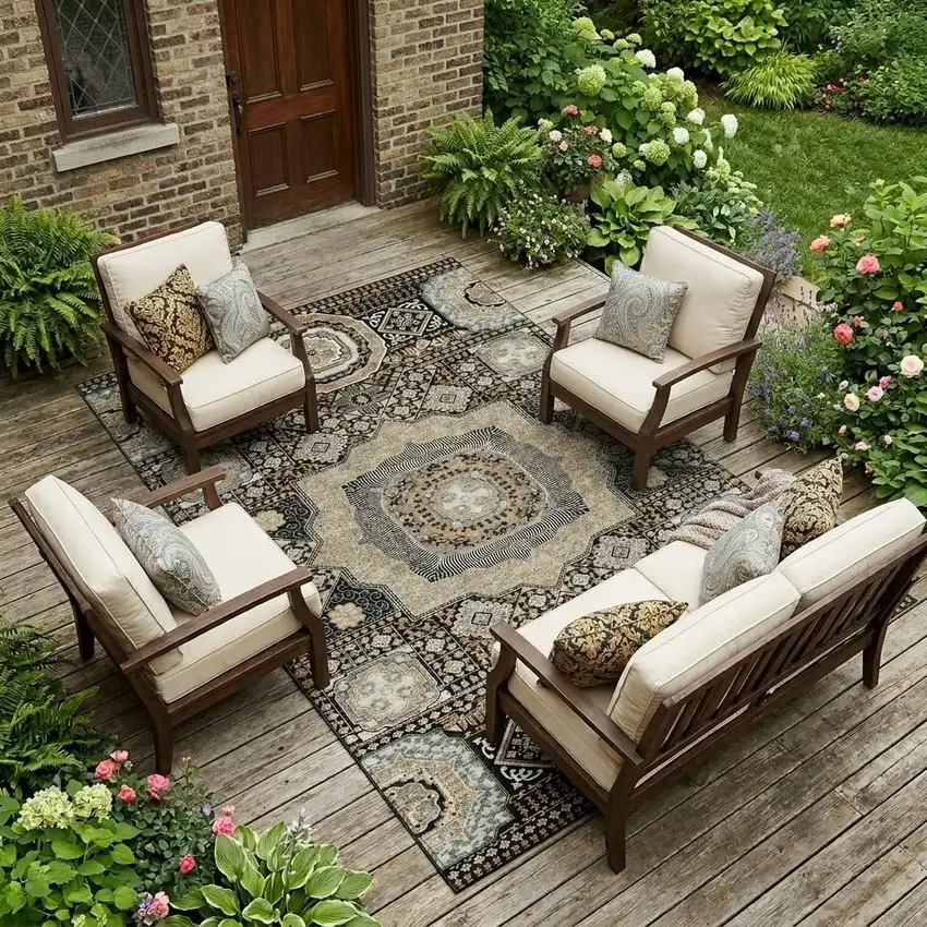 Black And Ivory Oriental Washable Indoor Outdoor Area Rug Photo 1