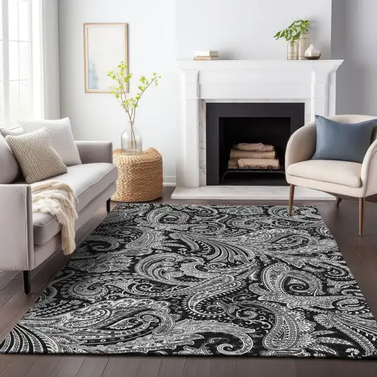 Black And Ivory Paisley Washable Area Rug With UV Protection Photo 5