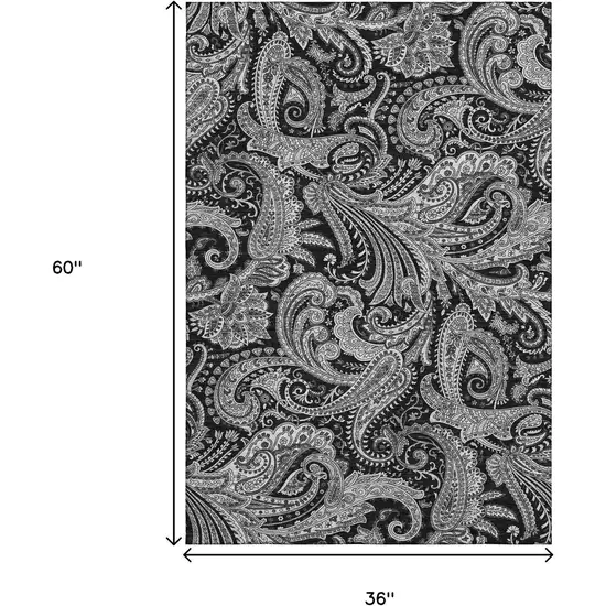 Black And Ivory Paisley Washable Area Rug With UV Protection Photo 7