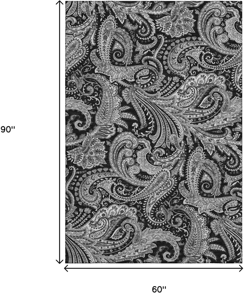 Black And Ivory Paisley Washable Area Rug With UV Protection Photo 3
