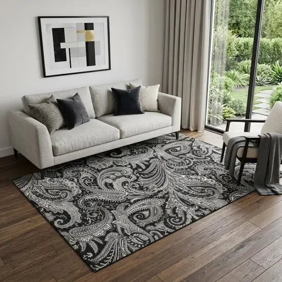 Black And Ivory Paisley Washable Area Rug With UV Protection Photo 1