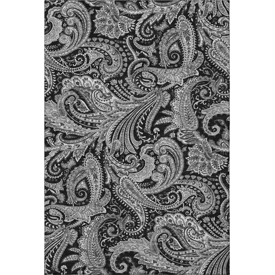 Black And Ivory Paisley Washable Area Rug With UV Protection Photo 4