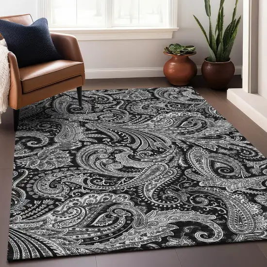 Black And Ivory Paisley Washable Area Rug With UV Protection Photo 6