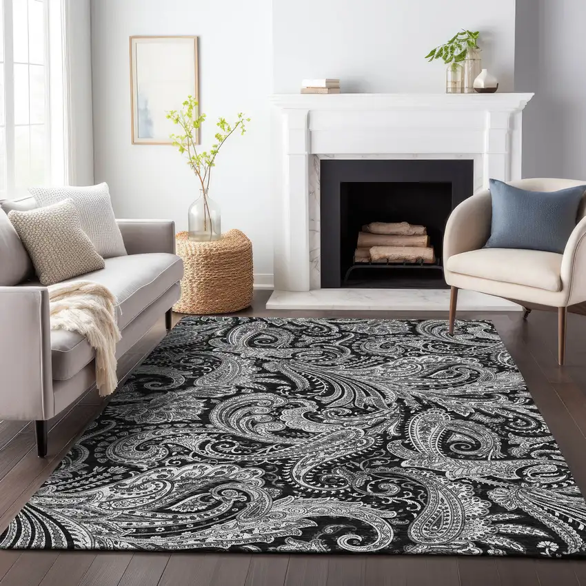 Black And Ivory Paisley Washable Area Rug With UV Protection Photo 5