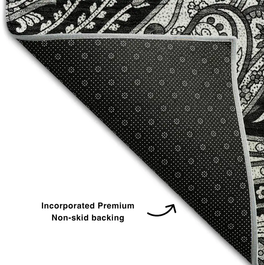 Black And Ivory Paisley Washable Area Rug With UV Protection Photo 8
