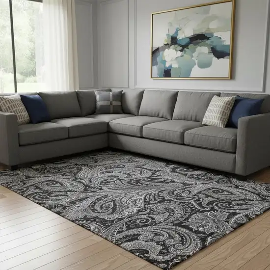 Black And Ivory Paisley Washable Area Rug With UV Protection Photo 1