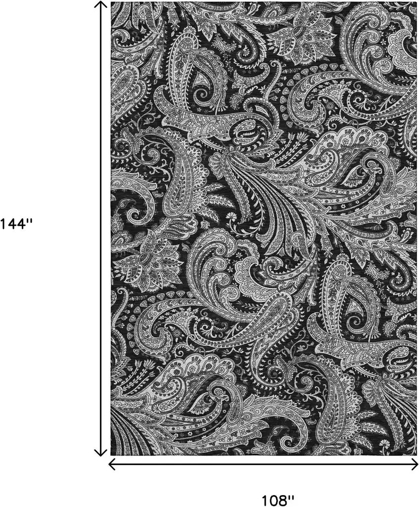 Black And Ivory Paisley Washable Area Rug With UV Protection Photo 3