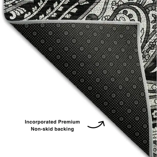 Black And Ivory Paisley Washable Area Rug With UV Protection Photo 8