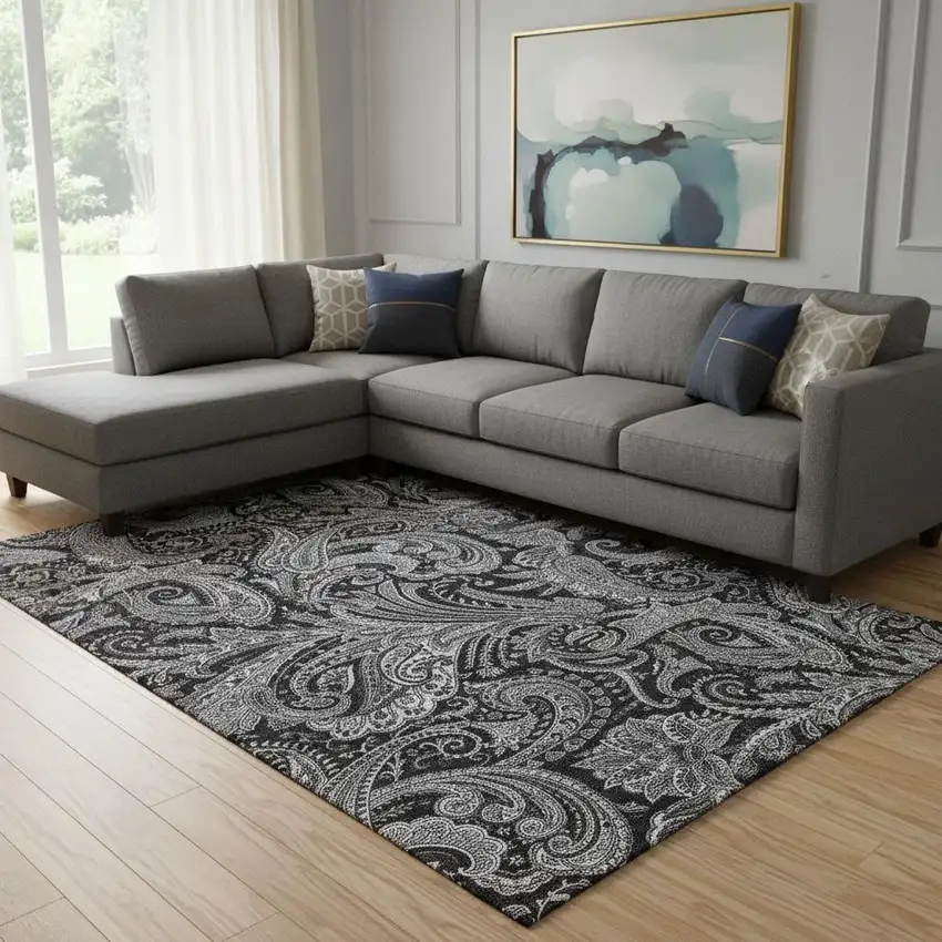 Black And Ivory Paisley Washable Area Rug With UV Protection Photo 1