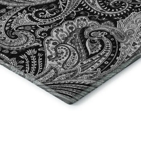 Black And Ivory Paisley Washable Area Rug With UV Protection Photo 9