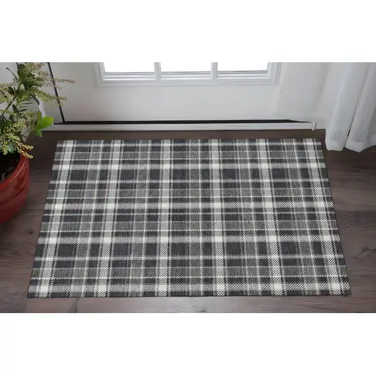 Black And Ivory Plaid Washable Area Rug With UV Protection Photo 2