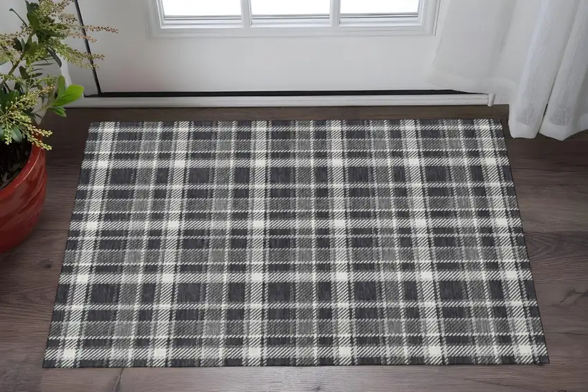 Black And Ivory Plaid Washable Area Rug With UV Protection Photo 2