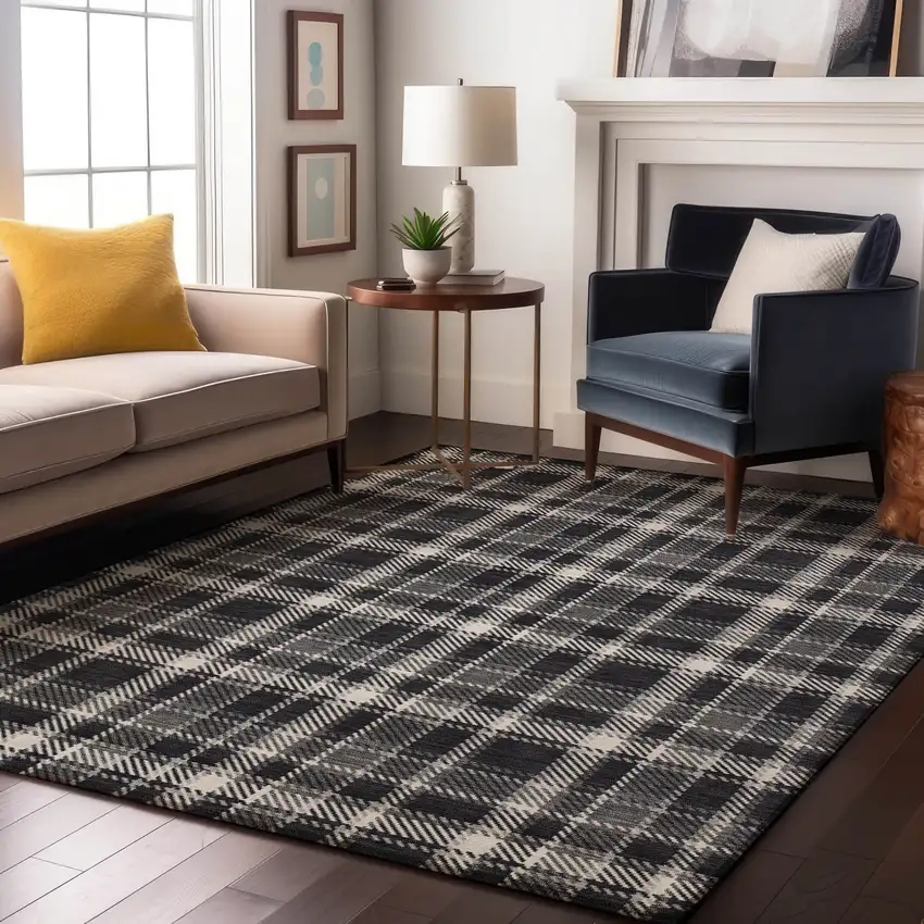 Black And Ivory Plaid Washable Area Rug With UV Protection Photo 3