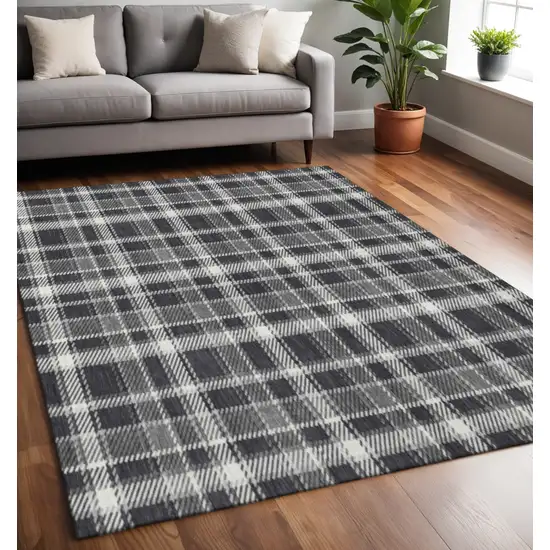 Black And Ivory Plaid Washable Area Rug With UV Protection Photo 2