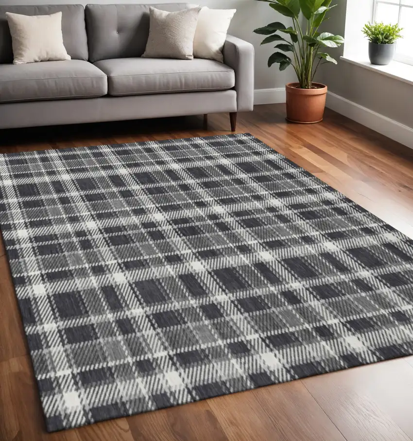 Black And Ivory Plaid Washable Area Rug With UV Protection Photo 2