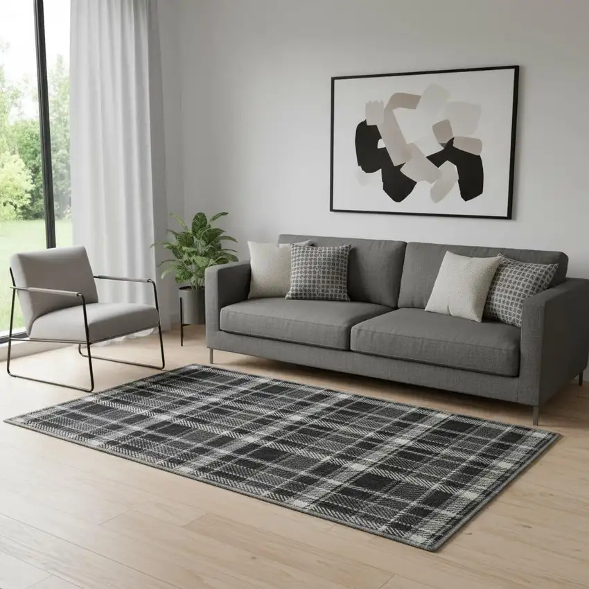 Black And Ivory Plaid Washable Area Rug With UV Protection Photo 1