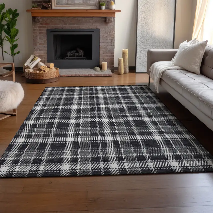Black And Ivory Plaid Washable Area Rug With UV Protection Photo 4