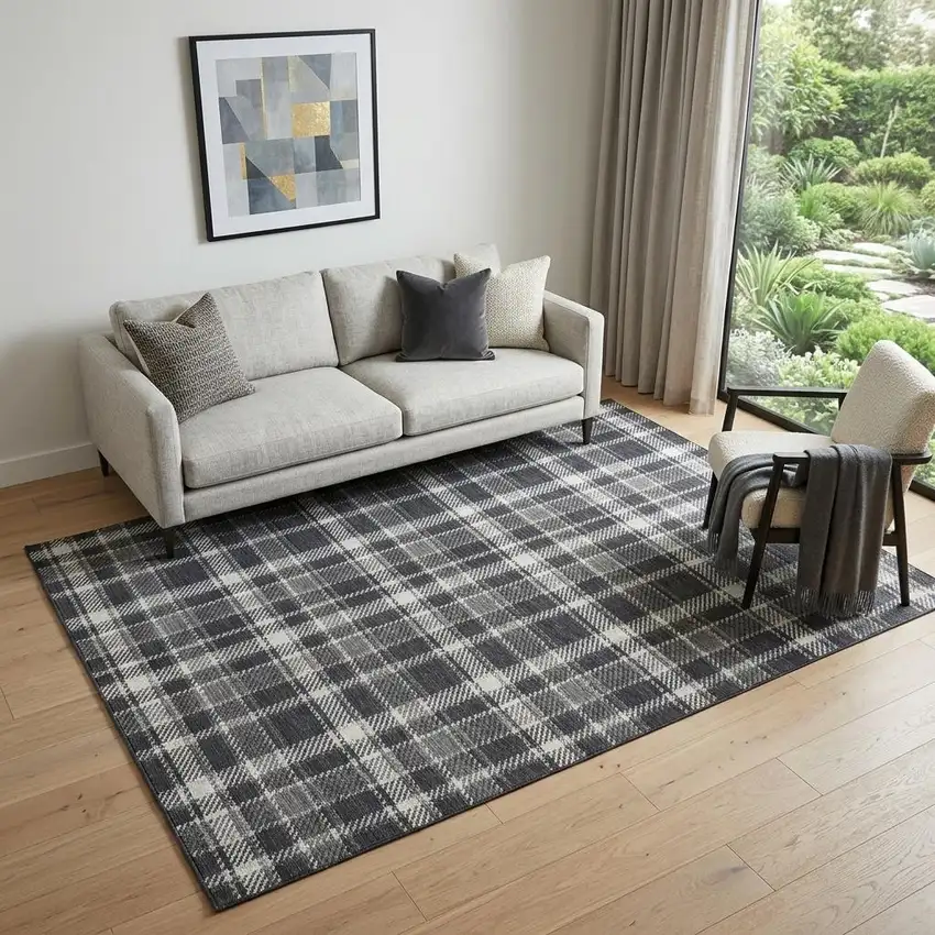 Black And Ivory Plaid Washable Area Rug With UV Protection Photo 1