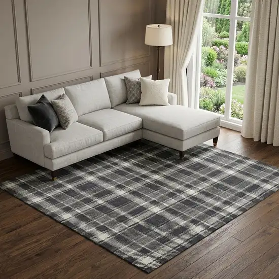 Black And Ivory Plaid Washable Area Rug With UV Protection Photo 1