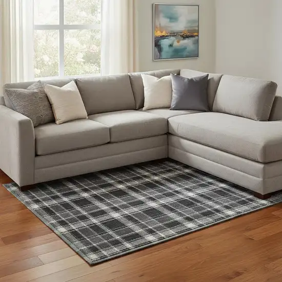 Black And Ivory Plaid Washable Area Rug With UV Protection Photo 1