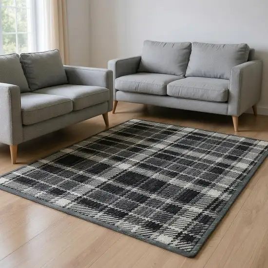 Black And Ivory Plaid Washable Area Rug With UV Protection Photo 2