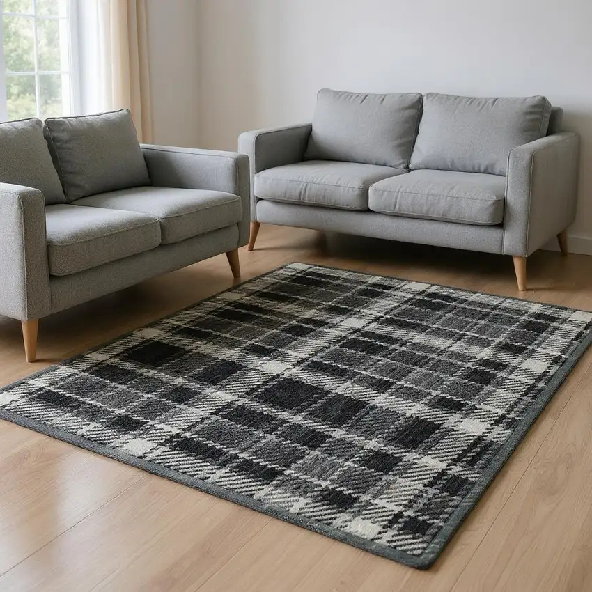 Black And Ivory Plaid Washable Area Rug With UV Protection Photo 2