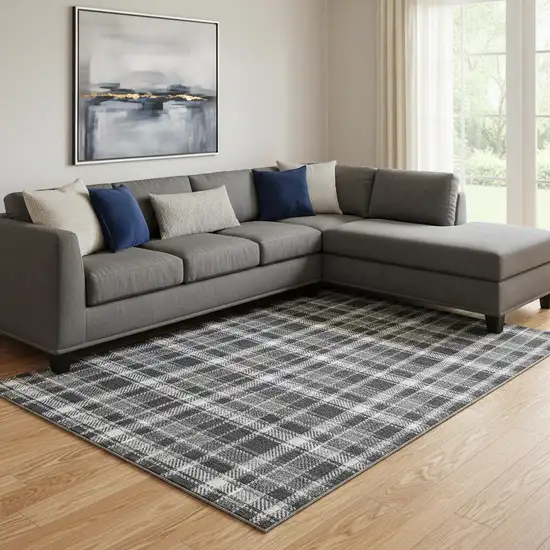 Black And Ivory Plaid Washable Area Rug With UV Protection Photo 1